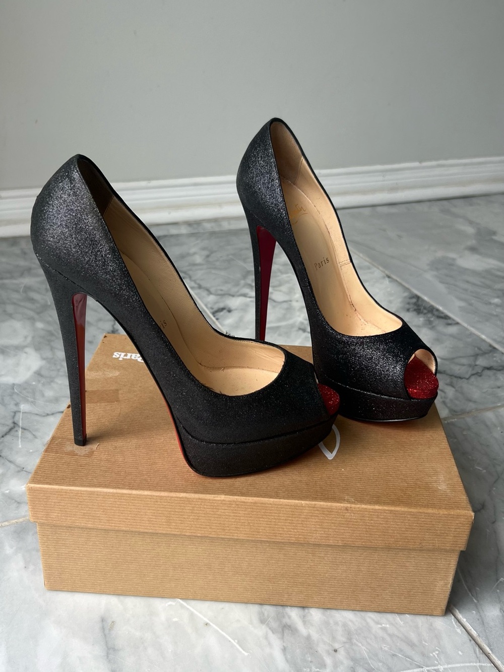 Authentic Christian Louboutin Very Prive Black Shimmer Red Bottom Heels 8.5